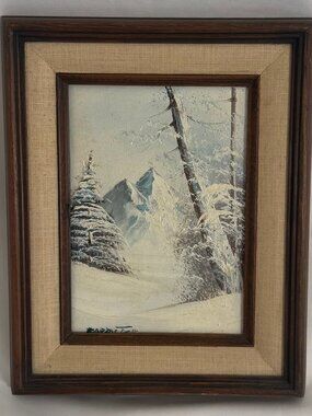 Vintage Barrister Painting Oil Canvas Winter Scene 5"x7" on 8"x10" Frame #4059 B
